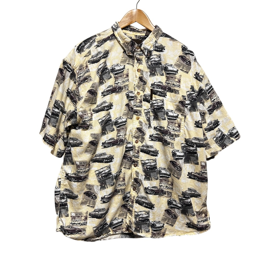 Vintage North River Mens Shirt XL Beige Classic Car Print Button Up‎ Retro 90s